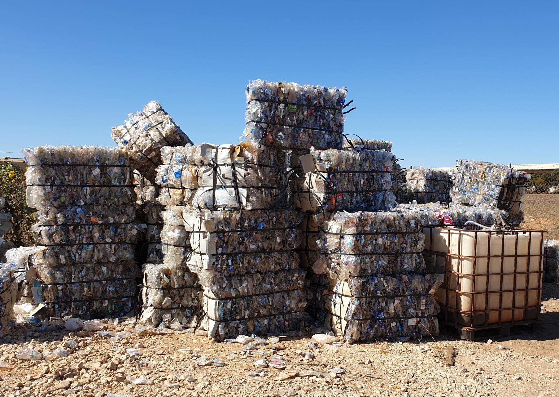 Bales of plastic bottles ready for recycling