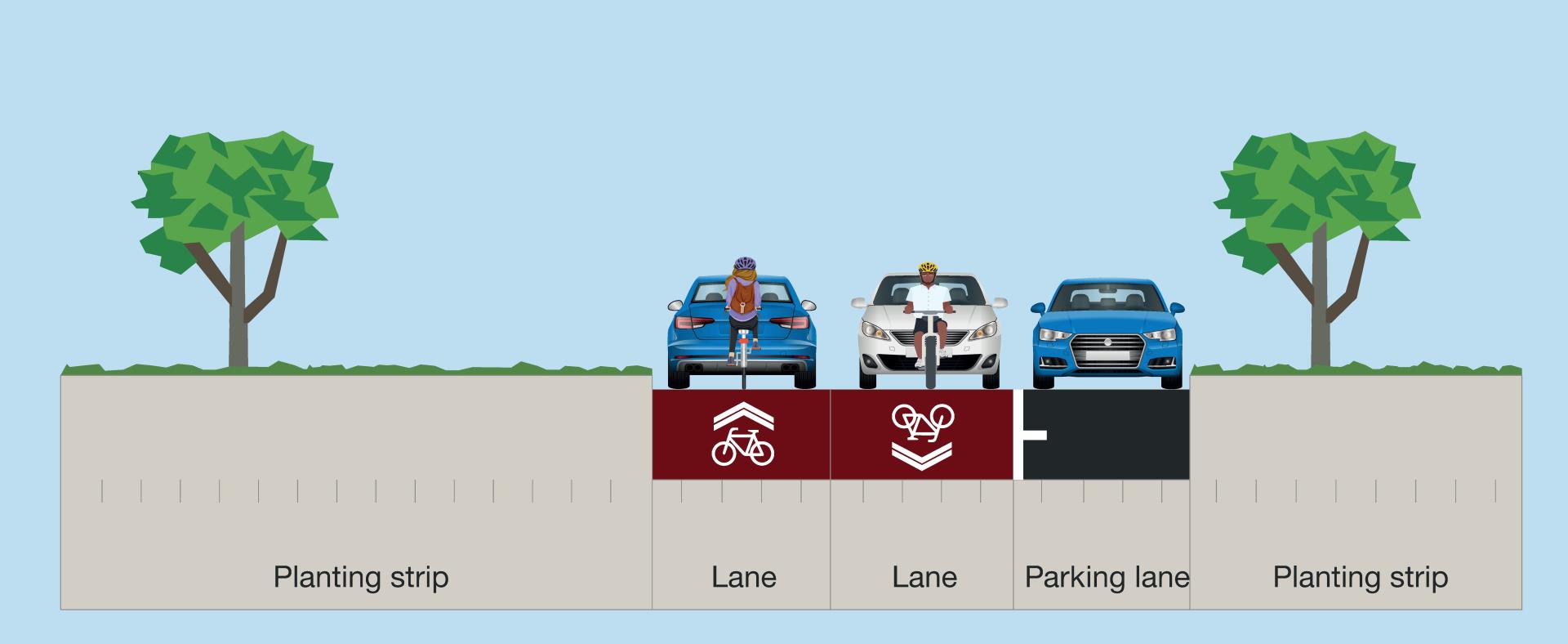 Cross section of a Safe Active Street where motorists, cyclists and pedestrians share a designated 30km/hr zone.