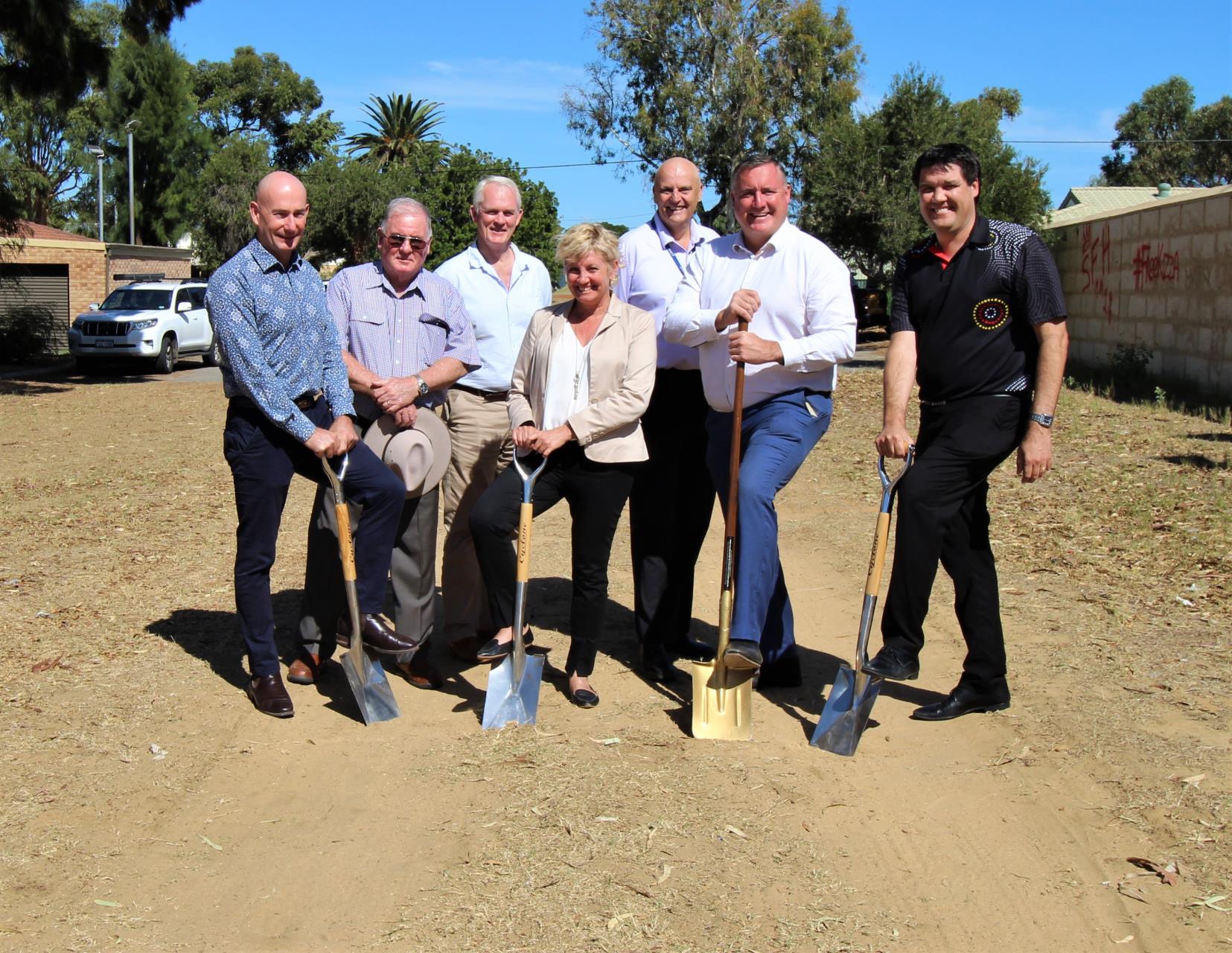 Breaking ground on the soon to be extended Robinson Street (from left) City of Greater Geraldton’s Director of Infrastructure Services Chris Lee, Councillor Bob Hall, Manager Project Delivery and Engineering Chris Edwards,  Lara Dalton MLA, City of Greater Geraldton CEO Ross McKim, Mayor Shane Van Styn and Department Communities Regional Executive Director Midwest/Gascoyne Bradley Mitchell.