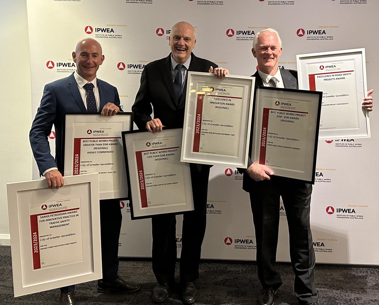 City of Greater Geradlton leaders including (L-R) Infrastructure Services Director Chris Lee, CEO Ross McKim and Manager Project Delivery and Engineering Chris Edwards accepted the IPWEA Awards at the Annual State Conference held on Friday 8 March 2024.