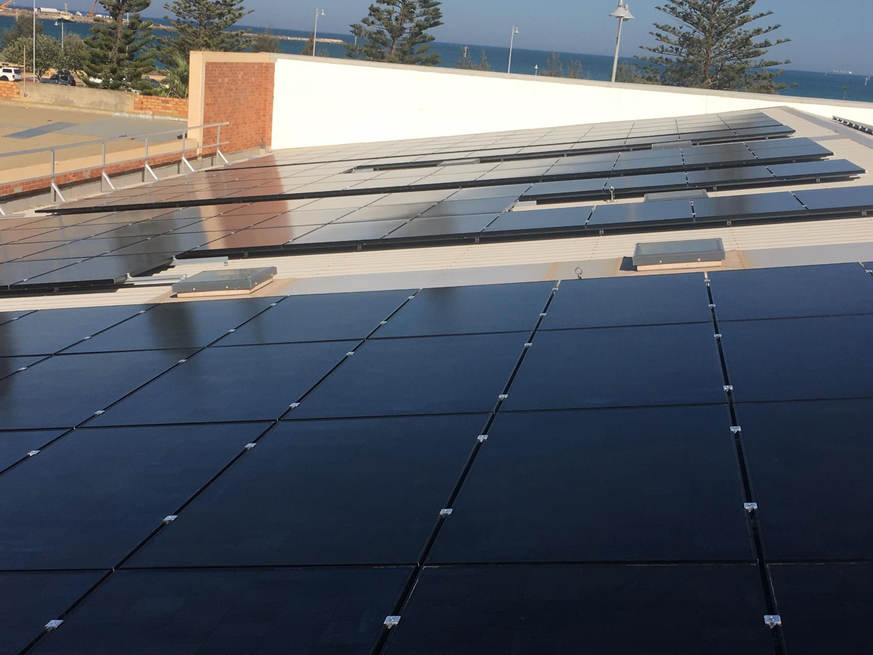 Solar panels installed on the roof of the Geraldton Regional Library in early 2020.