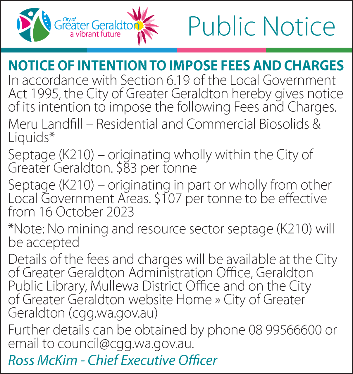 Public Notice Notice of intention to impose fees and charges » City