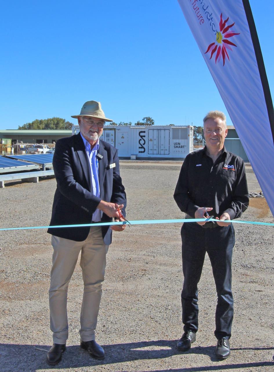 Photo Caption: City of Greater Geraldton Mayor Jerry Clune and UON Executive Chairman Mark Keogh officially open the Geraldton Airport Microgrid.