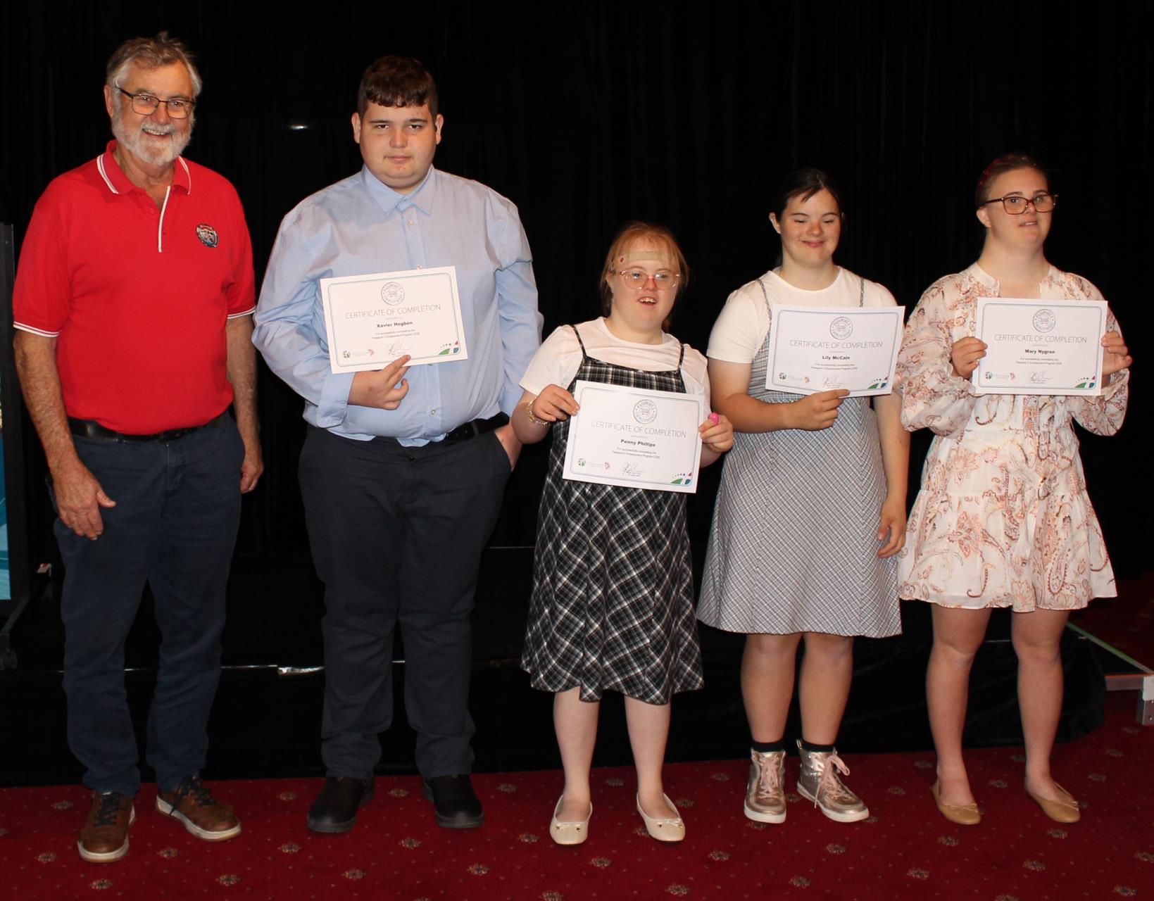 City of Greater Geraldton Mayor Jerry Clune with the 2026 Passport 2 Employment Program graduate students Xavier Hogben, Penny Phillips, Lily McCain and Mary Nygren.