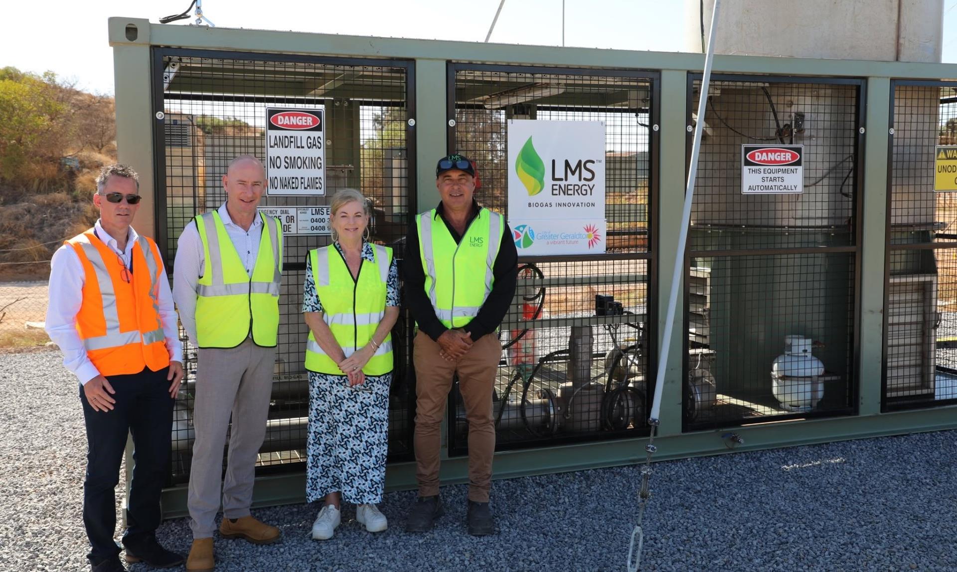(L-R) Manager Climate, Environment & Waste Mike Dufour, Director Infrastructure Services Chris Lee, City of Greater Geraldton Deputy Mayor Natasha Colliver, LMS Energy Operations Manager Jason McEachran with the Meru Waste Management Facility Gas Flaring Project