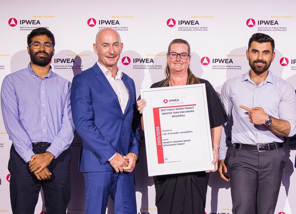 City of Greater Geraldton staff (from left) Engineering Officer Sharaf Isman, Director Infrastructure Services Chris Lee, Acting Manager Project Delivery Melissa Butler-Henderson, Engineering Officer Usama Usama.