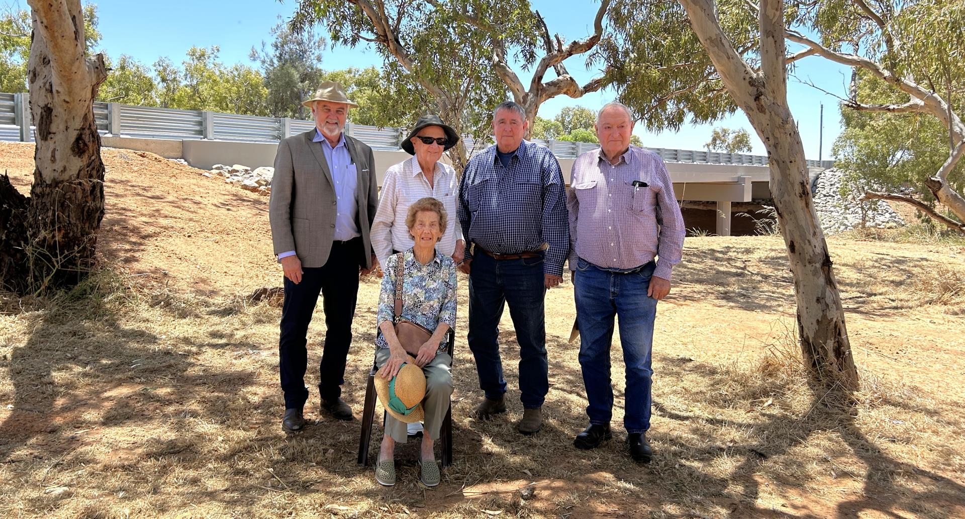 (from left) City of Greater Geraldton Mayor Jerry Clune is joined by Eve and Hugh Levett, Evan Hamersly and Ross Oliver, local community members who have used all three Walkaway-Nangetty Road bridges in their lifetime, to mark the official opening of the third bridge.
