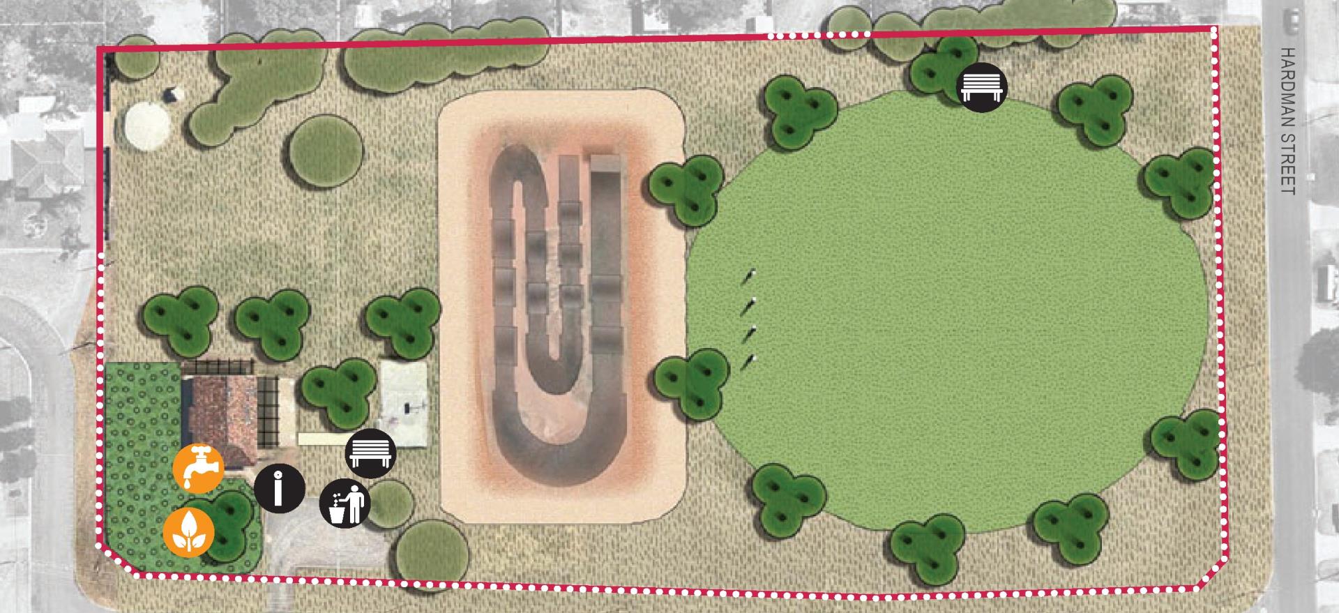 Concept design of a pump and jump track in the Levy Street Park.