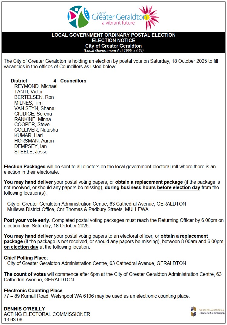 City of Greater Geraldton Election Notice