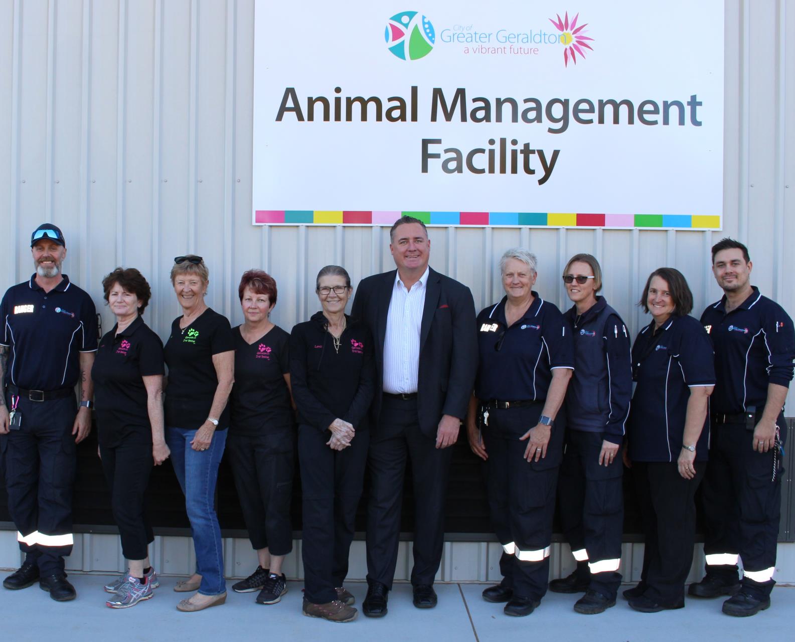 Mayor Van Styn (center) is joined by members of the Geraldton Dog Rescue and City Rangers to officially open the new Geraldton Animal Management Facility.