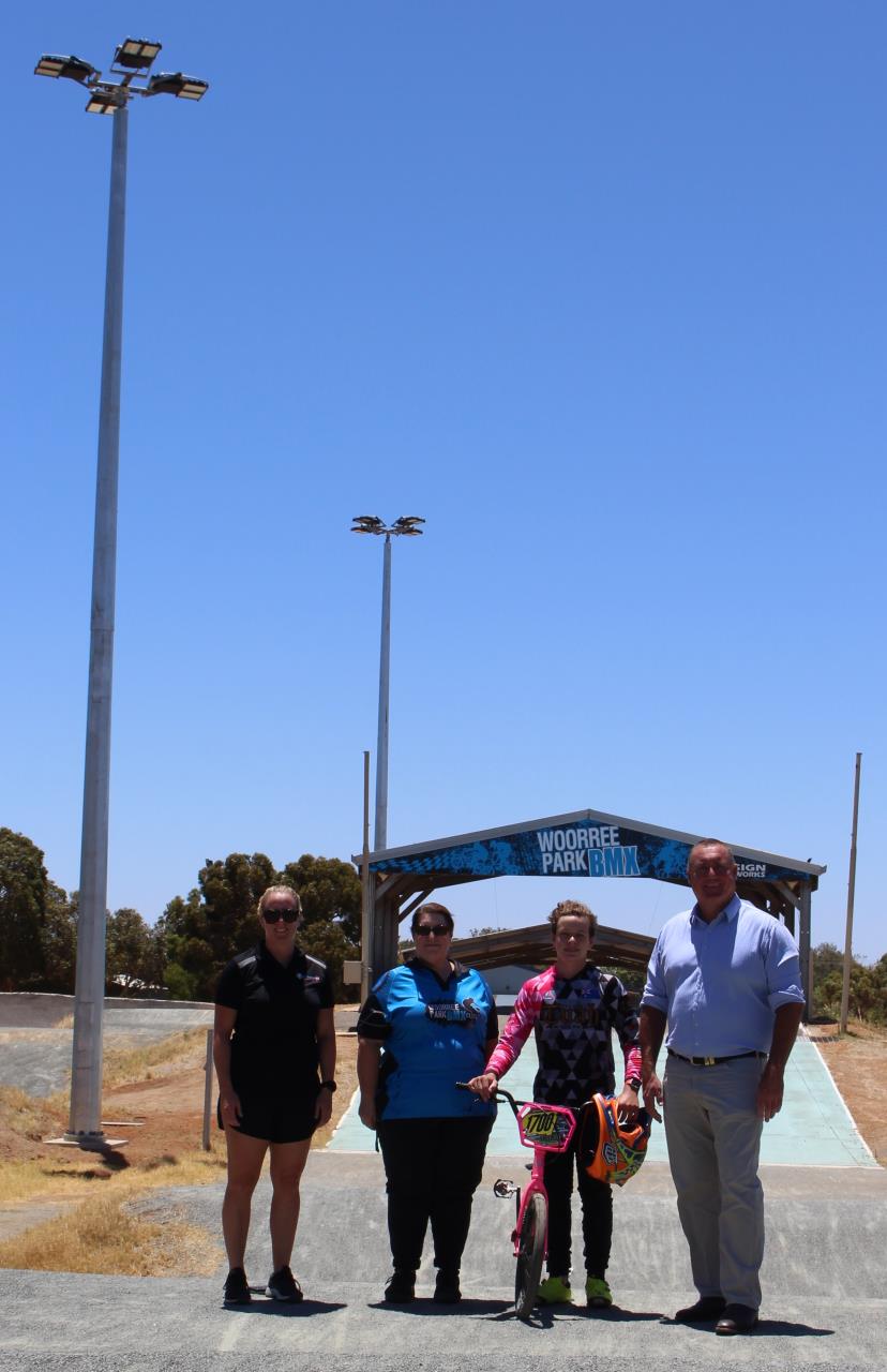 City of Greater Geraldton Mayor Shane Van Styn is joined by the City’s Sport and Leisure Planner Emma Smith (from left), BMX Club President Fleur Bishop and club member James Bishop under the new LED floodlighting at the Woorree BMX Park.