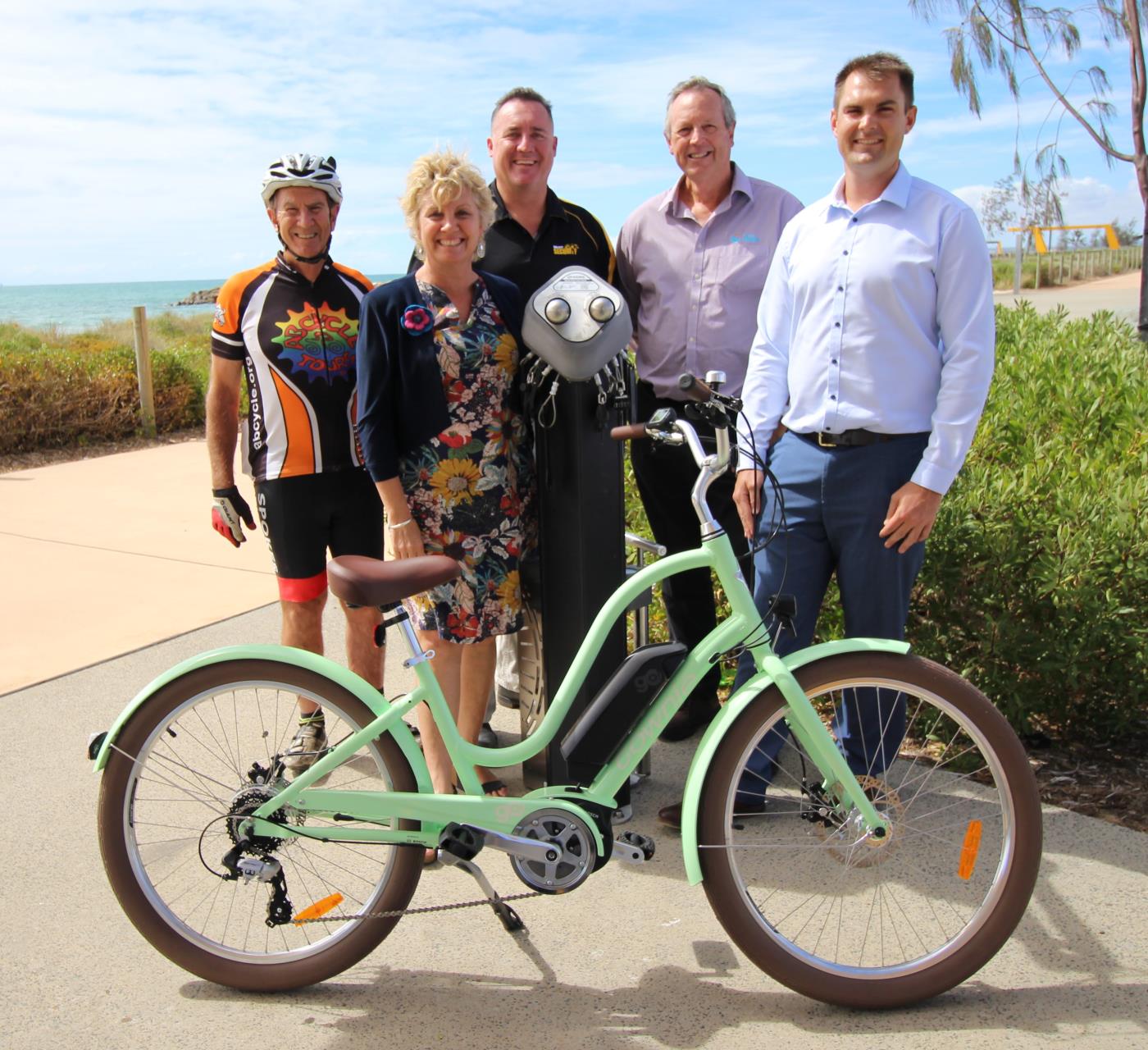 (From left) City of Greater Geraldton Councillor Michael Raymond, Lara Dalton MLA, Mayor Shane Van Styn, Mid West Sports Federation Chair Mike Bowley and Geraldton Cycle Advocacy Group member Shaun Dynan with the bike maintenance station recently installed at Midalias Beach.