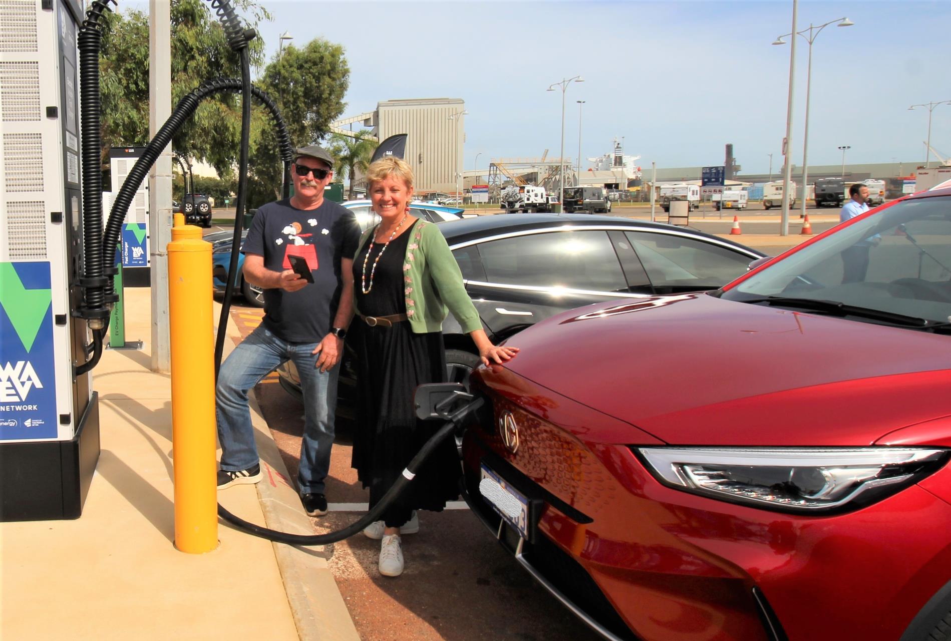 Lara Dalton MLA with electric vehicle owner Bill Thomson at the recently installed public EV charging stations in the Francis Street carpark.