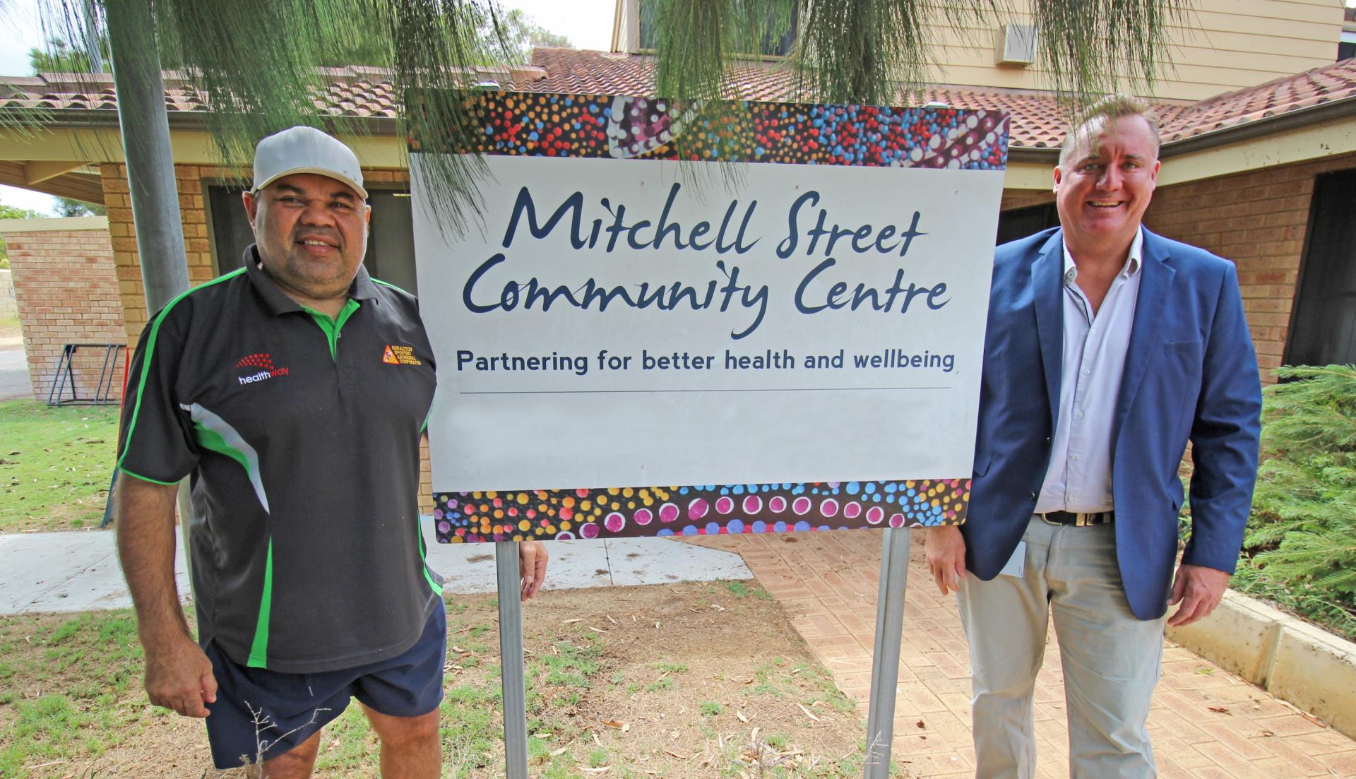 City of Greater Geraldton Mayor Shane Van Styn (right) and Geraldton Sporting Aboriginal Corporation Executive Officer Adrian Bartlett.