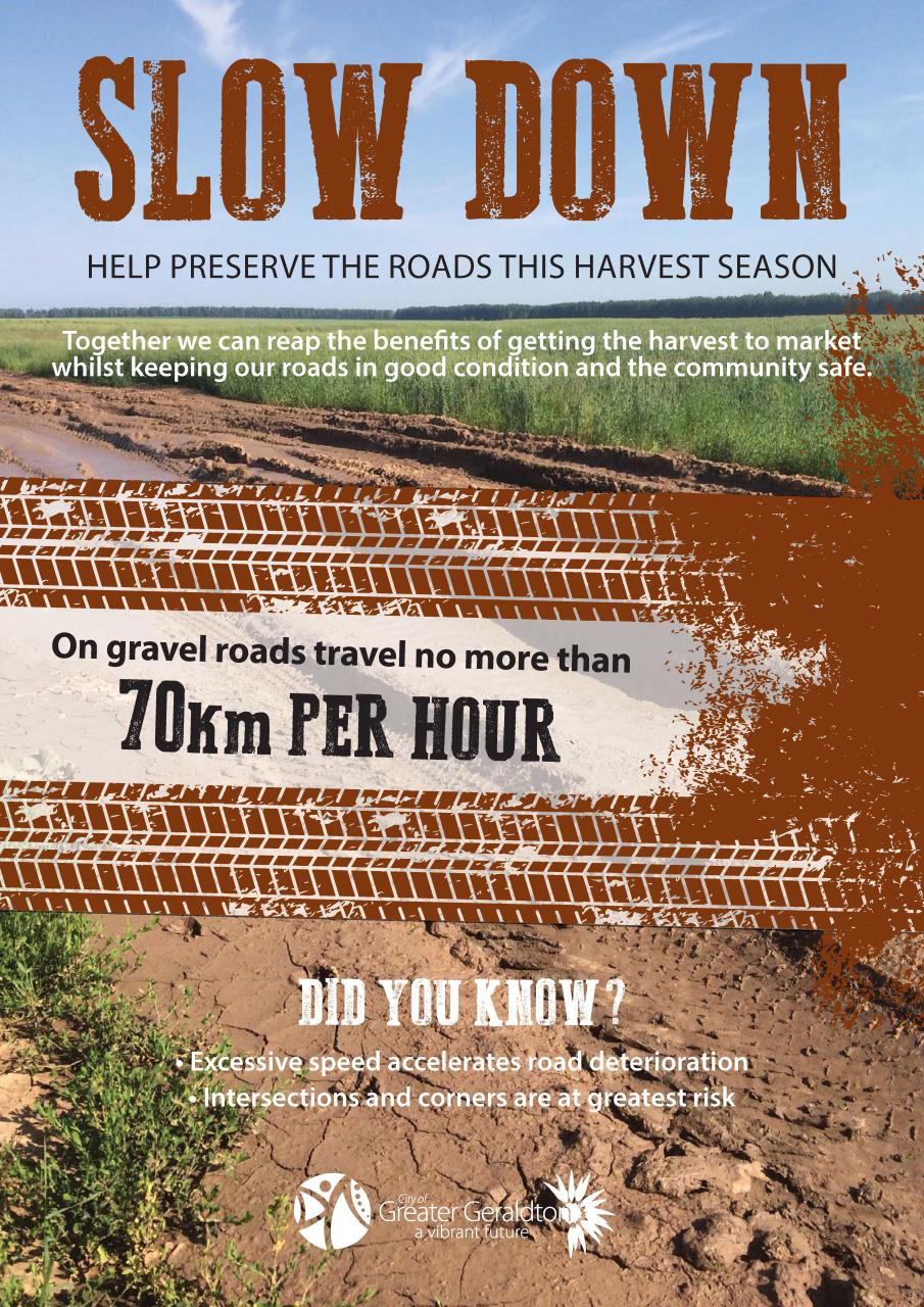 Slow down on gravel roads poster