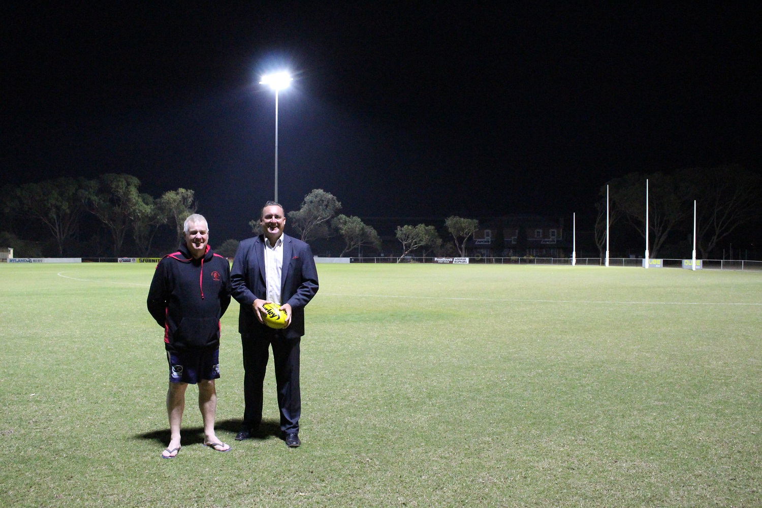 City of Greater Geraldton Mayor Shane Van Styn (right) is joined by Rover Football Club Vice President Mark Starling on the Greenough Oval