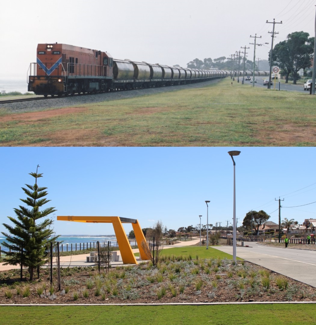 Before and after photo of the northern section of the Beresford Foreshore