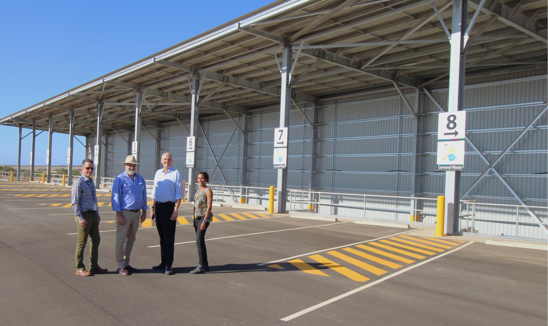 City of Greater Geraldton&rsquo;s Manager Climate, Environment and Waste Mike Dufour (L), Mayor Jerry Clune, CEO Ross McKim and Coordinator Waste Jess Felix (R) at the new Meru Resource Recovery Station collection bays.