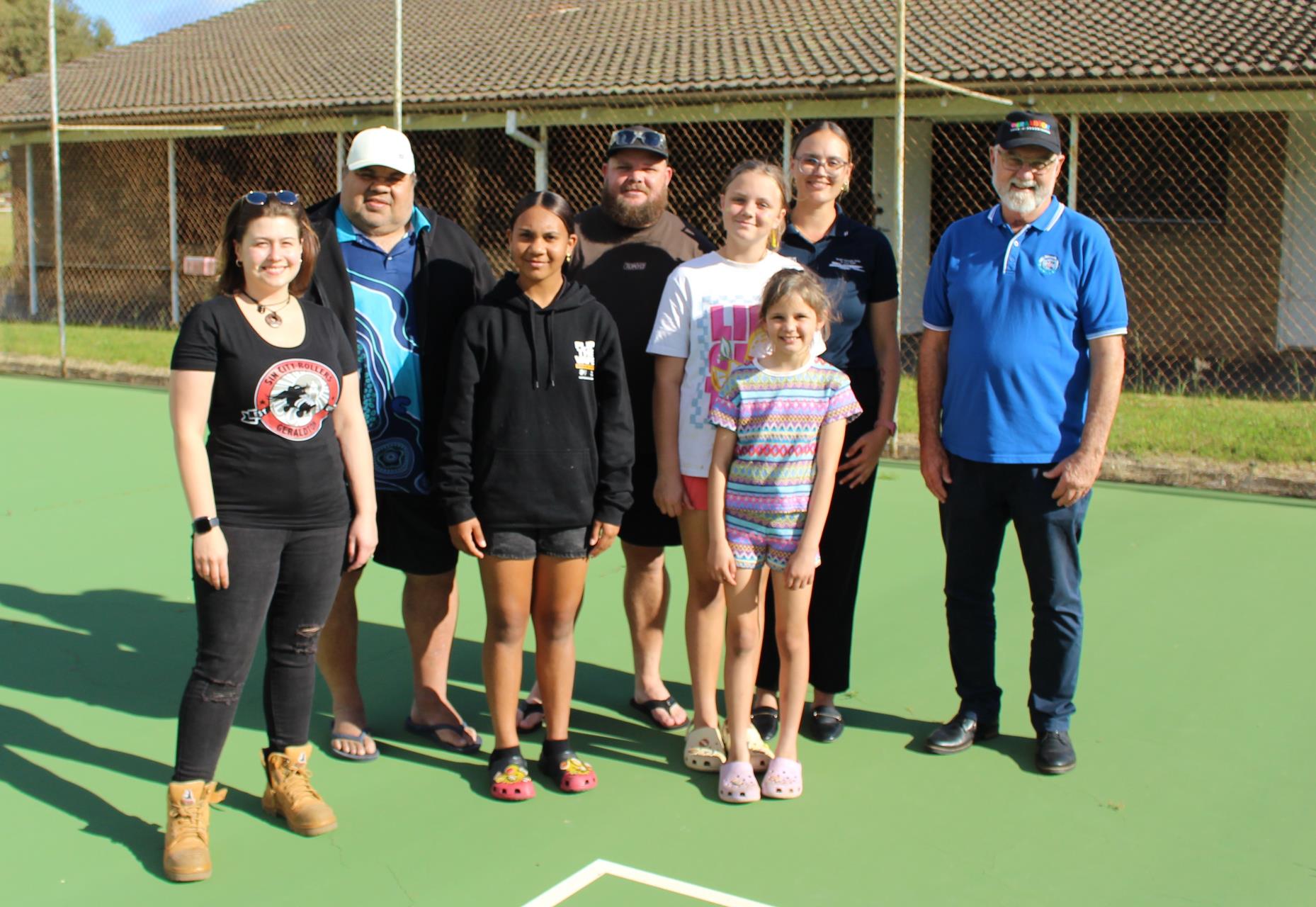 (L-R) Kianah Sharpe from Geraldton Roller Derby, GSAC Executive Officer Adrain Bartlett, Maresa Palipuaminni, Dylan Thorne, Islah Thorne, Lilliannah Thorne, Kelsie Growe from the WA Centre for Rural Health and Mayor Jerry Clune at the Spalding Park Clubrooms and Sports Courts.