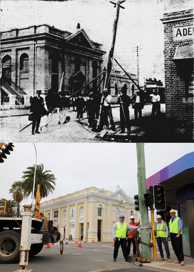 Caption: In 1913, power poles with electric street lighting were first installed in our CBD. Now, 105 years later we celebrate the removal of the existing overhead poles and wires in the area. Pictured in the second image: City of Greater Geraldton Mayor Shane Van Styn, Western Power’s Head of Operational Services Stewart Furness, City of Greater Geraldton Director of Infrastructure Services Chris Lee and City of Greater Geraldton CEO Ross McKim. 
