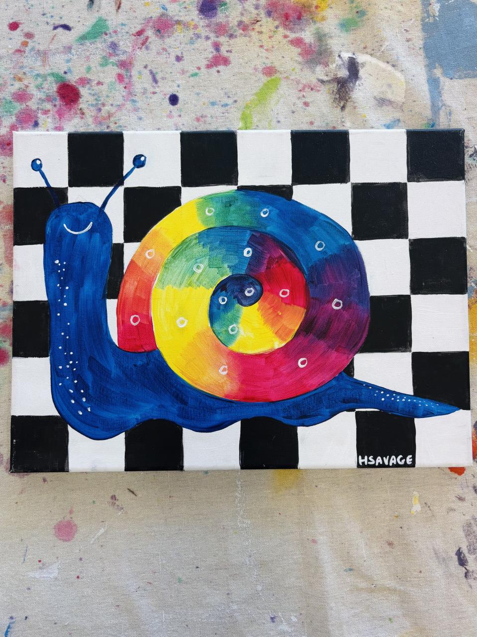 Painting: Rainbow Snail on Checkers
